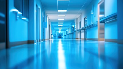 Fototapeta premium Empty Hospital Corridor with Blue Walls and Bright Lights
