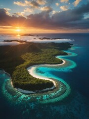 This dramatic sunset over a tropical island highlights pristine beaches and rich greenery, ideal for marketing travel experiences.