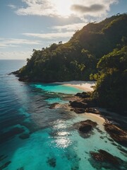 Capture the essence of paradise with this stunning tropical island view, featuring sandy beaches and lush vegetation—great for tourism promotions.