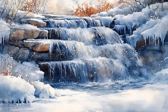 Watercolor Painting of Frozen Waterfall Cascading Over Icy Rocks, Sparkling Snow and Glistening Icicles
