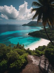 A unique birds-eye view of a tropical lagoon and its surrounding rainforest, offering captivating visuals for nature and travel-related content.