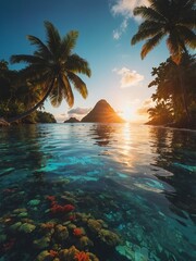Highlight the rugged coastline and coral reefs of a tropical island captured during a dramatic sunset, ideal for travel brochures and websites.