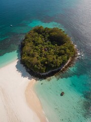 This high-altitude image of a tropical paradise, with its lush greenery and clear waters, is perfect for vacation rental advertisements.