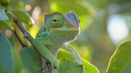 Fototapeta premium Baby High Pied veiled chameleon on branch, Baby High Pied veiled chameleon closeup on green leaves, Baby High Pied veiled chameleon closeup on natural background
