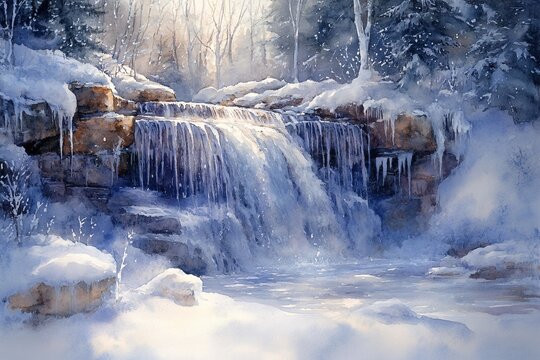 Watercolor Painting of Frozen Waterfall Cascading Over Icy Rocks, Sparkling Snow and Glistening Icicles
