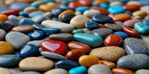 A striking assortment of colorful stones makes an ideal background for digital or print media, adding depth and interest to your creative projects.