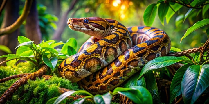Majestic Indian python skillfully blends into its lush, green environment, entwined with vibrant vines, showcasing