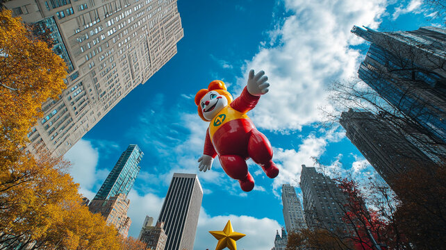 Giant balloon character soaring between skyscrapers during a festive parade in the city center