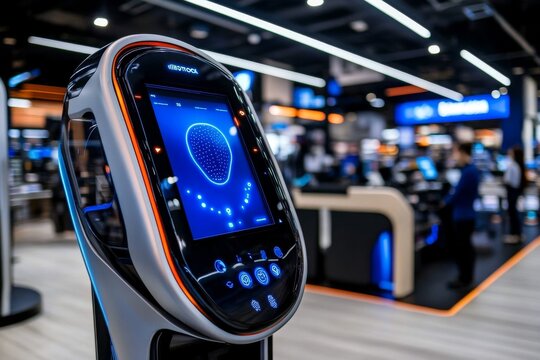 Futuristic data collection terminal, where AI-driven interfaces collect customer feedback through biometric scans and voice commands in a high-tech store