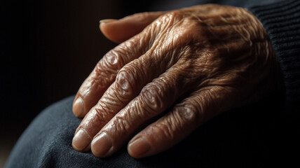 Fototapeta premium Close-up of an elderly hand on a knee in a dim room, highlighting intricate details