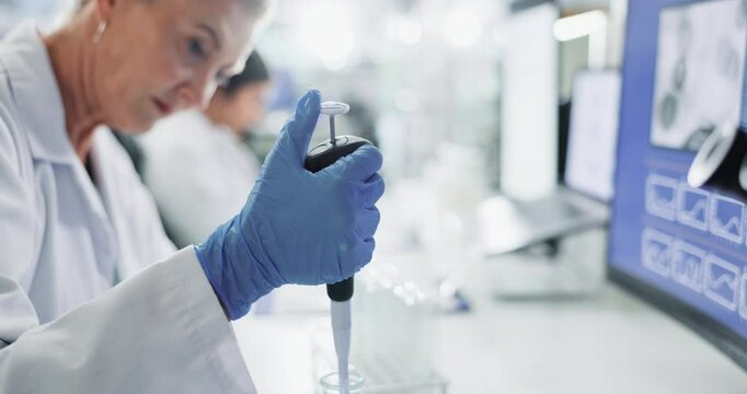 Woman, science and pipette with tube in laboratory, measurement and chemical liquid in investigation. Mature scientist, experimental chemistry and cure innovation, vaccine and research development