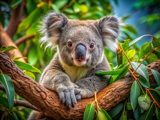 Fototapeta premium Nestled in a leafy tree, a cute koala bear snoozes peacefully, surrounded by rich green foliage, embodying tranquility