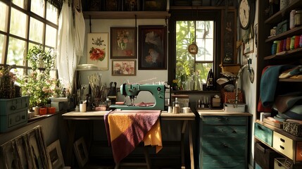 Obraz premium 35. A charming sewing room with a vintage sewing machine, fabric storage, and a work table