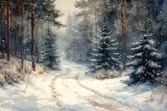 Watercolor Painting of Peaceful Forest Trail Blanketed in Fresh Snowfall, Tall Evergreen Trees Dusted with White