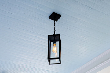 Outdoor Modern Farmhouse Hanging Lantern Light With Edison Bulb and Baby Blue Ceiling