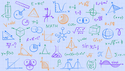 Seamless pattern of math and science formulas. This creative doodle background on grid paper symbolizes innovation, engineering, and complex problem-solving in STEM education.