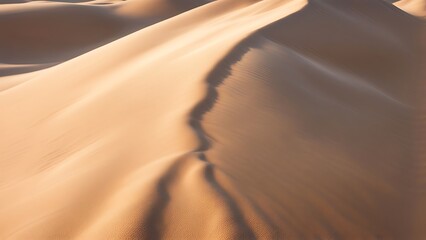 A macro view of sand dunes, showing the fine grains and soft undulating shapes, lit by warm sunlight 