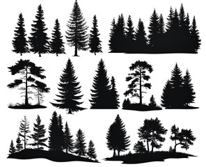 Fototapeta premium silhouette of pine forest on white, Redwood tree-line silhouette