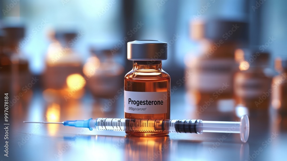 Aufkleber a syringe is placed alongside a small vial labeled progesterone on a reflective laboratory table. di