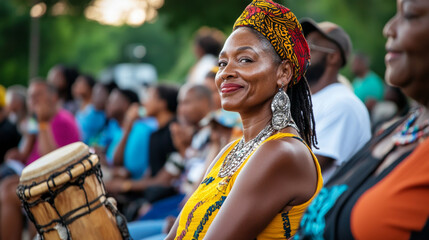 A diverse crowd gathered at a local park, enjoying live music, art, and speeches that celebrate Black history and progress.