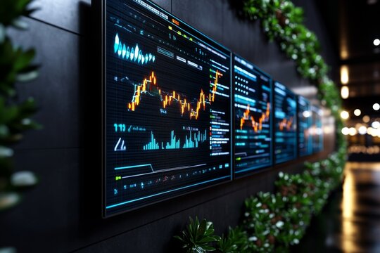 Hyper-realistic image of a corporate success presentation, with detailed charts showing growth and profits on large, high-definition screens