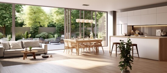Fototapeta premium Modern Open-Plan Kitchen and Living Room with Garden View