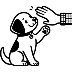 Obraz premium Dog gives its paw to its owner hand in monochrome. Simple minimalistic vector in black ink drawing on transparent background