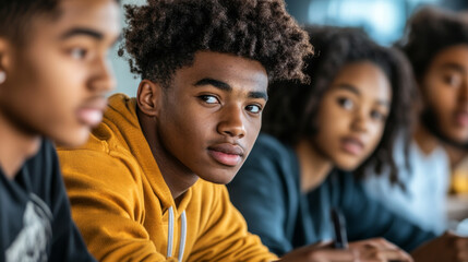 A group of high school students preparing a Black History Month presentation, discussing key figures and progress.
