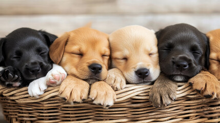 A group of puppies cuddling together in a basket, their eyes half-closed as they drift off to sleep.