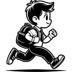 Student is in hurry and runs, being late for class in monochrome. Simple minimalistic vector in black ink drawing on transparent background