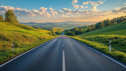 scenic highway stretches through lush green hills under vibrant sky, capturing beauty of nature at sunset. peaceful landscape invites exploration and adventure