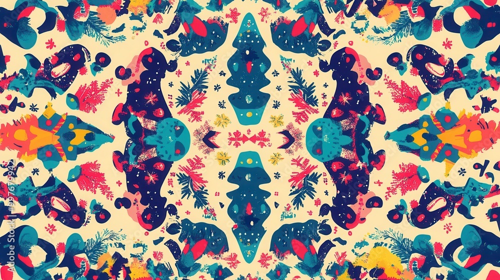 Poster experience a colorful and complex abstract design showcasing festive symbols such as trees, stars, a