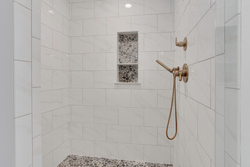 Tiled Shower With Niche And Modern Shower Fixtures