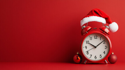 A festive red clock wearing a Santa hat amidst holiday decorations on a vibrant red background