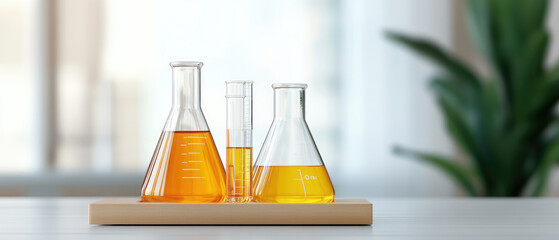 Explore a collection of chemistry equipment featuring beakers, an Erlenmeyer flask, and a test tube, ideal for educational and laboratory use.