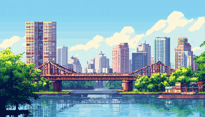 Obraz premium A retro-inspired, pixelated landscape or city scene reminiscent of classic 8-bit video games, perfect for a nostalgic yet playful vibe