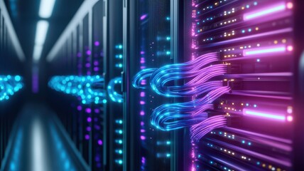 A futuristic data center showcasing vibrant servers with glowing connections, emphasizing technology and innovation in digital storage.