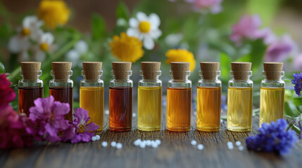 Small vials of homeopathic medicine are displayed beautifully among vibrant flowers, showcasing variety of colors and natural elements. scene evokes sense of tranquility and wellness