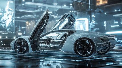  Create a 3D illustration of a futuristic car featuring an intricate wireframe design, with its doors opened to showcase the interior.