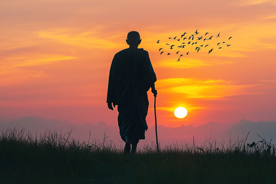 silhouette of a person walking with stick under the sun, with pigeons flying around him for Gandhi jayanti holiday celebration on the 2nd of october
