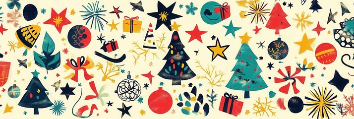 This lively design showcases an array of Christmas symbols, including trees, stars, and snowflakes, evoking holiday cheer and joy. Generative AI