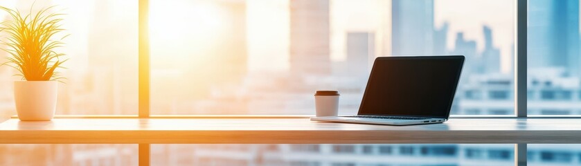A modern workspace featuring a laptop, coffee cup, and sunlight streaming through a window, creating a serene atmosphere.