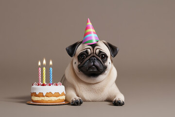 Capture a joyful moment of a pug dog celebrating its birthday with a cake and party hat, perfect for pet lovers and festive occasions.