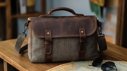 Adventure Ready: Casual Crossbody Bag with Leather Accents on Wooden Table.and leather accents...