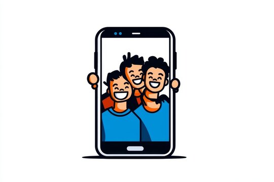 recommend clip art: Minimal selfie icon, showing a simple outline of a smartphone with a group of people smiling in clean, sleek lines