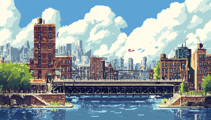 Fototapeta premium A retro-inspired, pixelated landscape or city scene reminiscent of classic 8-bit video games, perfect for a nostalgic yet playful vibe