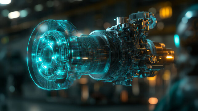 A cyborg is positioned against a blurred background, utilizing a wireframe holographic 3D digital projection of an engine.



