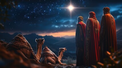 Gift bearers: three wise men representing diverse cultures and wisdom, traveling to present valuable offerings, reflecting importance of their roles in the nativity story and their enduring legacy.