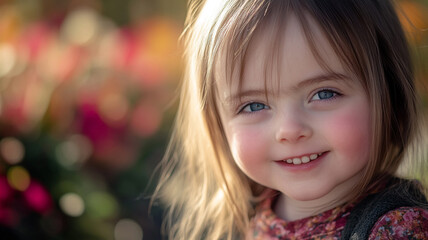 Fototapeta premium A young girl with bright blue eyes smiles warmly amidst colorful flowers in a sunny garden