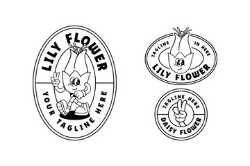 cute lily flower buds outline retro cartoon character mascot illustration set with walking pose, smiling and peace hand for florist, kids, beauty business mascots and merchandise